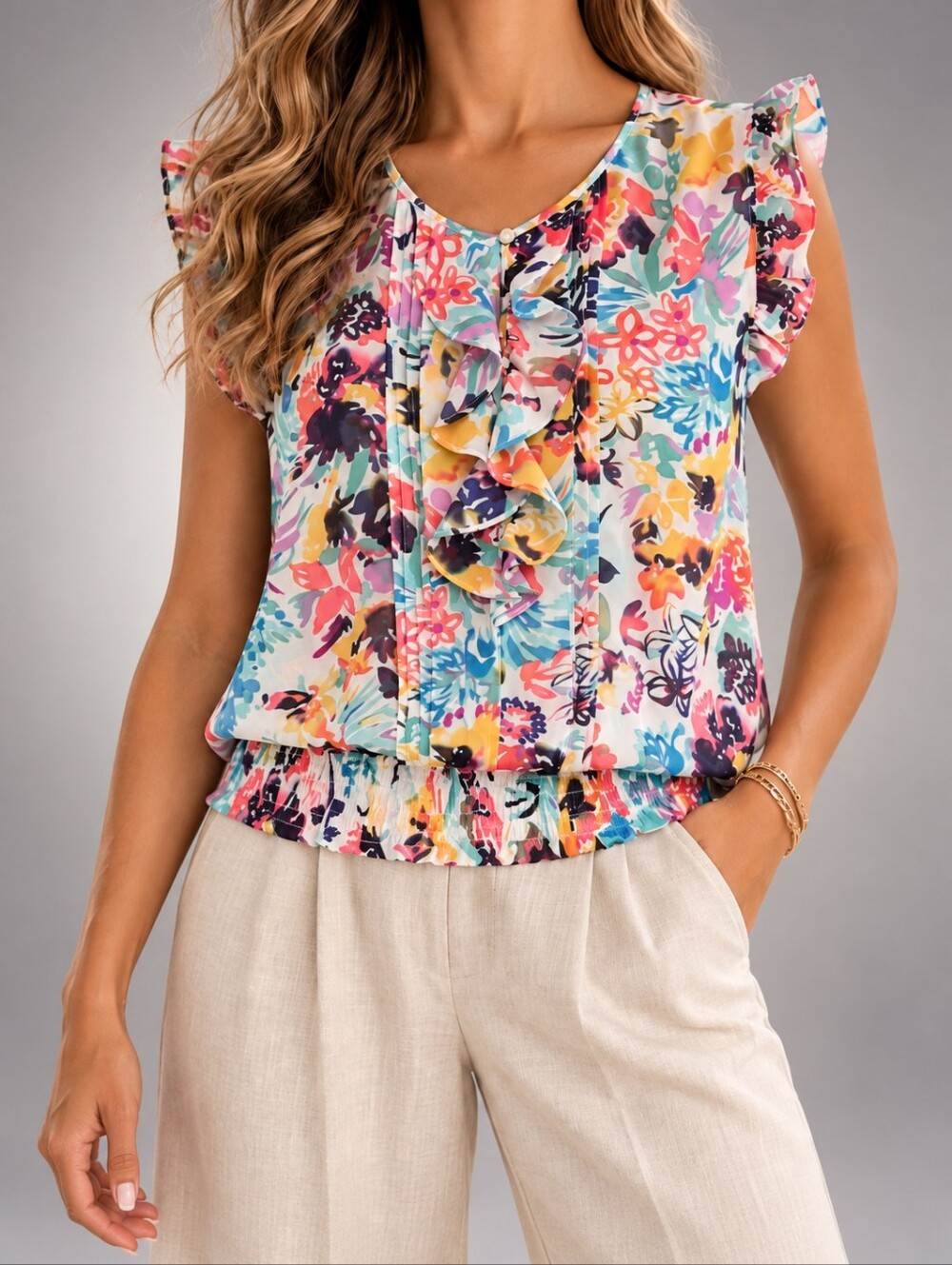 Jessica Watercolor Floral Ruffle Blouse Sheer Flutter Sleeve Smocked Hem